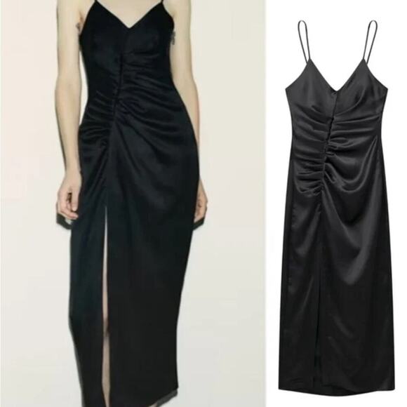 ZARA Black MIDI STRAPPY CAMISOLE DRESS GATHERING SLIT BLACK Size Small - Picture 2 of 9